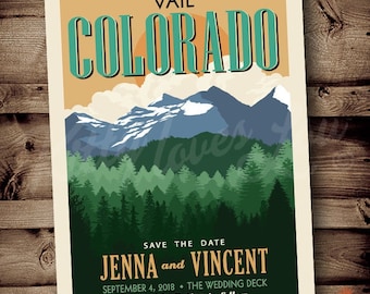 PRINTABLE Save The Date Mountain Wedding Announcement Spring Vail Colorado Destination Forest Retro invite invitation vintage travel poster