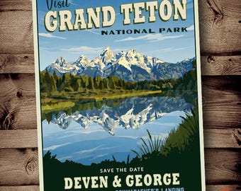 May include: A vintage-style poster with the text "Visit GRAND TETON NATIONAL PARK" above a scenic landscape. The image features a mountain range reflected in a lake, with the text "DEVEN & GEORGE AUGUST 7, 2027" at the bottom. The poster has a cream border.