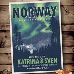 PRINTABLE Norway Save The Date Announcement Northern Lights Aurora Borealis Wedding Destination Retro invitation vintage travel poster