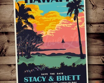 Réservez votre date imprimable Hawaï, réservez la date, invitation rétro Hawaii, affiche de voyage invitation, réservez Maui, réservez Oahu, réservez la date