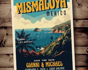 May include: A vintage-style save the date postcard for a wedding in Mismaloya, Mexico. The postcard features a scenic view of the coastline with the text "Explore Los Arcos" and the date "February 5, 2026". The names "Gianni & Michael" are printed in a bold, yellow font.