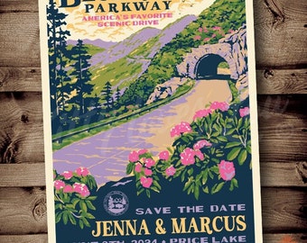 IMPRIMIBLE Guardar la fecha Anuncio de boda en el Parque Nacional Blue Ridge Parkway Destino Invitación retro Póster de viaje vintage Digital