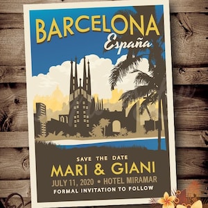 PRINTABLE Save The Date BARCELONA SPAIN Sagrada Familia Announcement digital Destination Retro urban invite invitation vintage travel poster