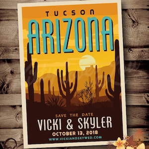 PRINTABLE Save The Date Arizona Tucson Desert Wedding Announcement Destination Cactus Retro invite invitation vintage travel poster digital