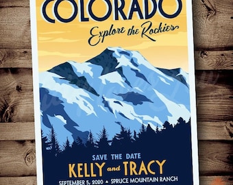PRINTABLE Save The Date Mountain Wedding Announcement Rockies Colorado Destination Mountain Retro invite invitation vintage travel poster