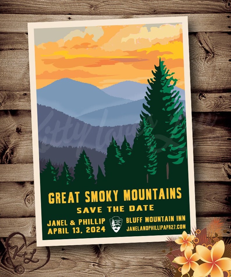 PRINTABLE Save The Date Great Smoky Mountains Tennessee Wedding Announcement National Park Save the Date Retro vintage travel poster image 1