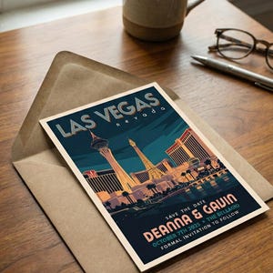 Faire-part de mariage « Save The Date » à Las Vegas, The Strip, mariage à destination vintage, affiche de voyage « Save the Date » rétro de Las Vegas image 2