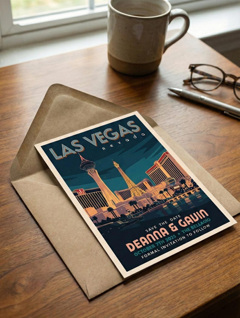 Faire-part de mariage « Save The Date » à Las Vegas, The Strip, mariage à destination vintage, affiche de voyage « Save the Date » rétro de Las Vegas image 2