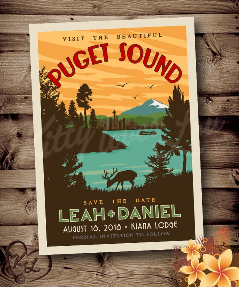 PRINTABLE Save The Date Puget Sound Wedding Destination Pacific Northwest Seattle Retro invite invitation vintage travel poster