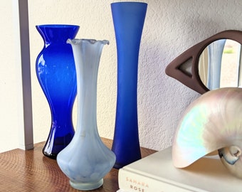 Trio of Blue Vintage Vases Beach House Decor Beachy vase Beach themed decor Cobalt blue frosted vase Set of 3