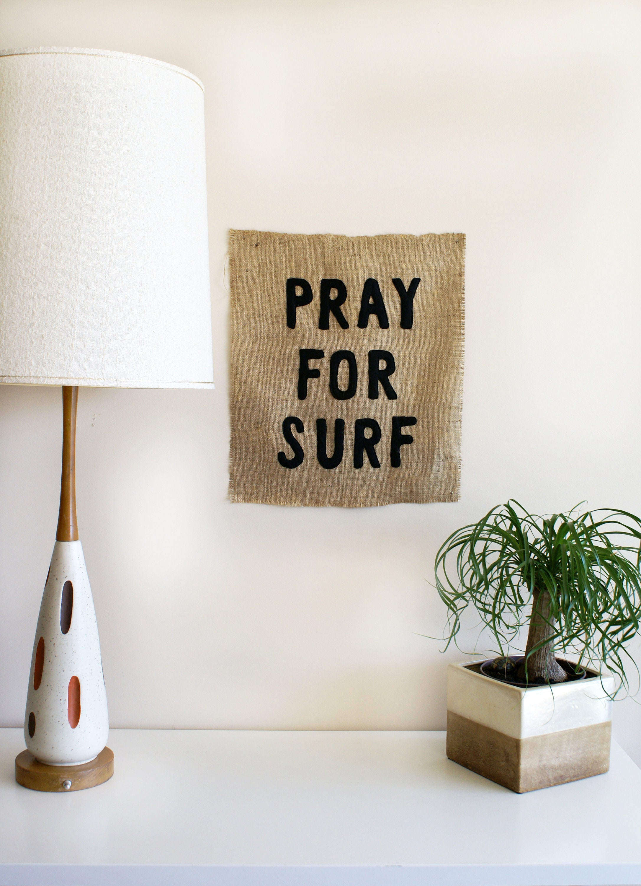 PRAY FOR SURF 18x20 22x30 30x40 burlap wall art tapestry mural banner typography lettering saying surfer home decor hippie beach boho chic