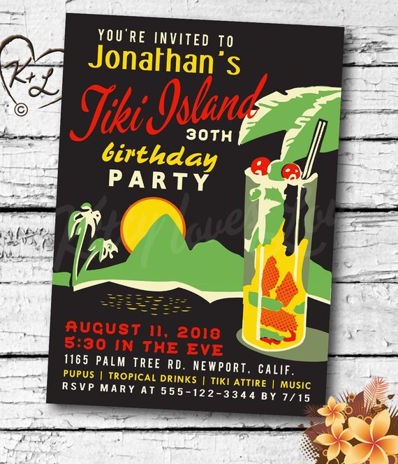 PRINTABLE Birthday INVITATION digital PDF Retro Hawaiian Luau Bridal Wedding Engagement Party Tiki Bachelorette invite cocktail vintage