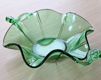 Fenton style Ming Dolphin Handled Green Bon Bon Candy Dish Bowl Uranium glass handles