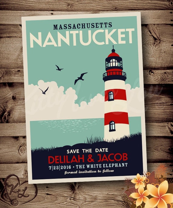 PRINTABLE Save The Date Nantucket Wedding Announcement Digital PDF Destination Lighthouse Retro deco invite invitation vintage travel poster