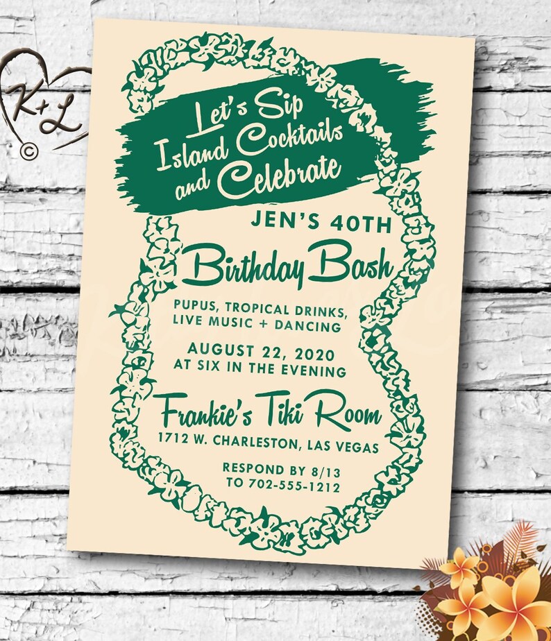 PRINTABLE Birthday Party Invitation Digital PDF Lei Bridal Shower bachelorette hens vintage retro tiki Hawaiian Luau invite Beachy Cottage z image 1