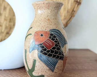 Nicaraguan Folk Art Pottery Vase Fish Sea life Handmade 5.5”