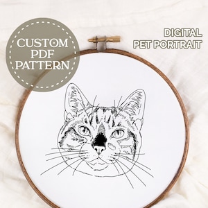 Hand embroidery custom PDF pattern drawing -SINGLE PET, cat dog etc. embroidered portrait of your pet personalized fiber art hoop home decor