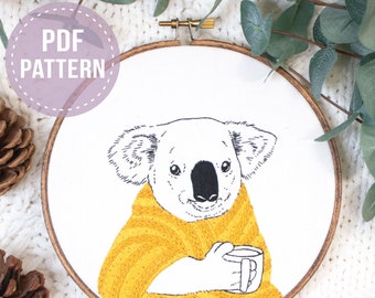 Cozy Koala Embroidery Pattern - PDF Digital Download. Hand embroidery hoop - beginner embroidery. Autumn/Fall cute animal embroidery cozy