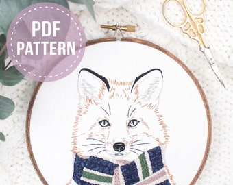 Fancy Fox Embroidery Pattern - PDF Digital Download. Hand embroidery hoop - beginner embroidery. Winter/Snowy cute animal nursery decor