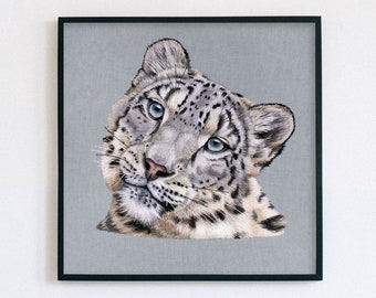 Snow Leopard Embroidery Art Print - 8x8 embroidered animal wall art decor realistic needlepoint modern thread painting hand stitched gift