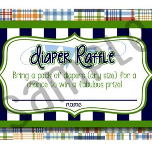 Peut inclure: Une carte rayée verte et blanche avec une bordure verte et une étiquette blanche qui dit "diaper Raffle". L'étiquette a une bordure verte et un fond blanc. Le texte sous l'étiquette dit "Bring a pack of diapers (any size) for a chance to win a fabulous prize!" et "name".
