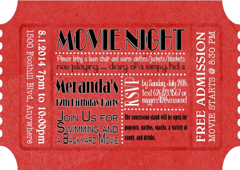 5 x 7 inch admit one movie night ticket invitation updated etsy