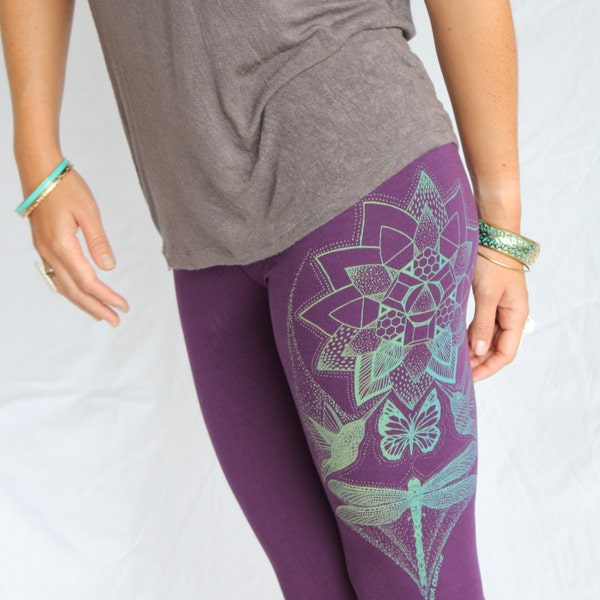 Lotus Yoga Leggings - Monarch Butterfly, Humming bird leggings. Mint Gold screenprint on 4 colors. Dragonfly leggings. Lotus flower leggings