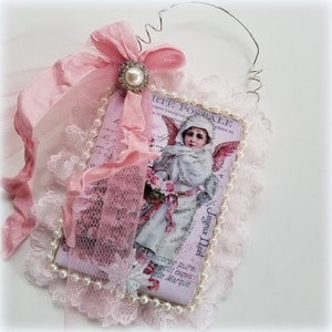 Snow Angel, Shabby Tree Ornament, Vintage Inspired French Postale Ornament, , Pink Tree Ornament, Victorian Angel Ornament