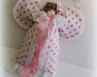 Angel, Angel Ornament, Shabby Pink Angel Ornament, Handmade Fabric and Lace Angel Ornament, Gift for Her