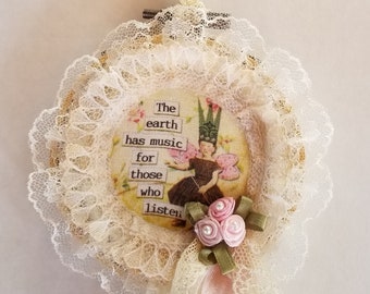 Shabby Vintage-Style Embroidery Hoop Ornament, Inspirational Ornament with Altered Art Graphic, Unique Gift for Her