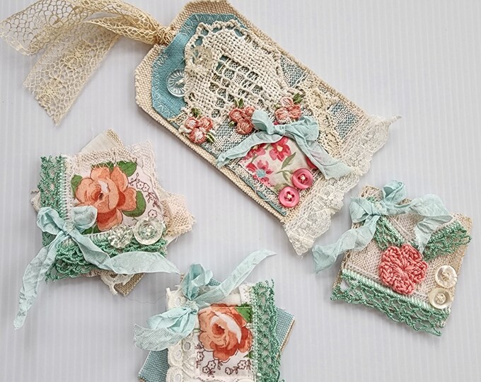 4-piece Snippet Cluster and Tag Set, Junk Journal Textile Ephemera ...