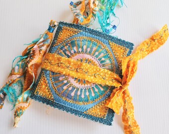 Small 5" x 5" Turquoise Boho Handmade Journal with Pieced Fabric Cover