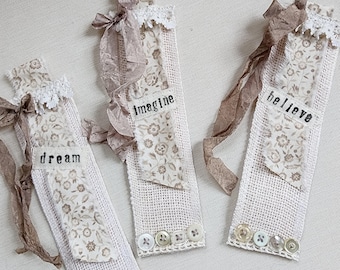 Shabby Chic Journal Bookmark: Handmade Lace & Burlap with Stamped Word