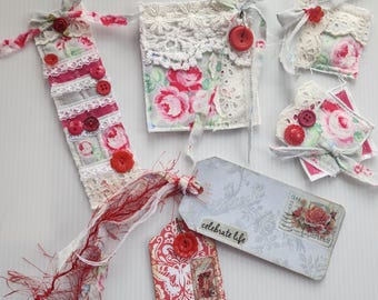 Shabby Roses Snippet Cluster and Journal Tag Set, Junk Journal Inspiration, Fabric Ephemera