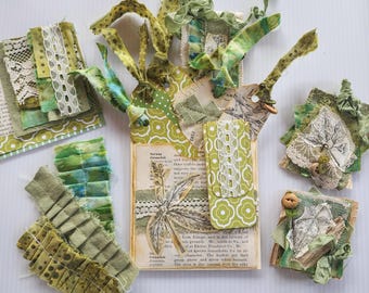 Journal Pocket & Botanical Ephemera Set – Green Nature Junk Journal Embellishments, Handmade Mixed Media Kit