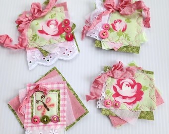 Spring Rose & Butterfly Snippet Set – Pink, Green, Eyelet Lace and Ribbon