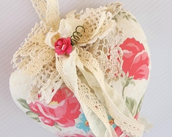 Floral Fabric Heart Ornament: Shabby Chic Home Decor