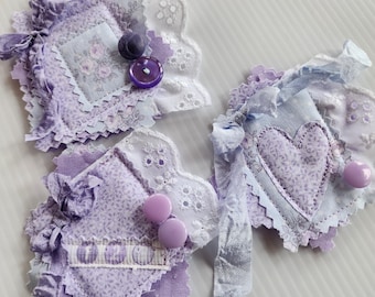 Lavender & Blue Fabric Snippet Clusters – Handmade Textile Embellishments for Journals and Crafts