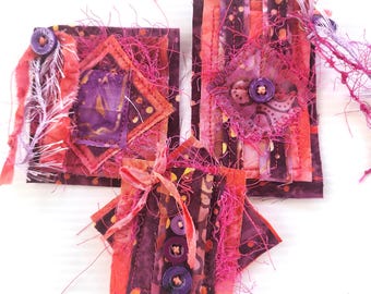 Pink Purple Batik Fabric Clusters – Textile Art Embellishments, Junk Journal Supplies