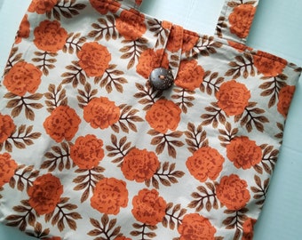 Large Floral Tote Bag, Orange Brown Print, Button Closure