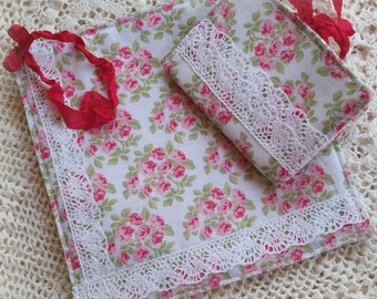 Shabby Chic Tea Wallet and Coaster Set: Pink Rose Floral
