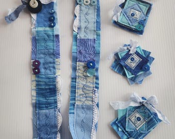 Blue Batik Fabric and Button Snippet Strip and 3 Clusters