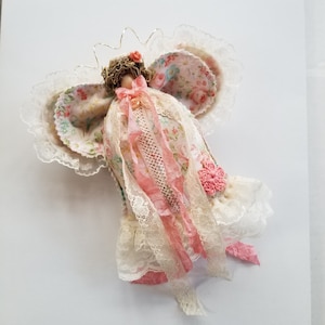 Handmade Clothespin Angel Ornament: Coral Peach Floral Fabric, Lace Wings