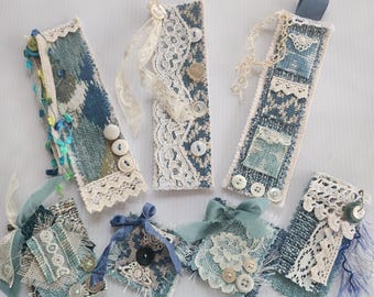 Junk Journal Fabric Bookmarks and Clusters in Shades of Blue