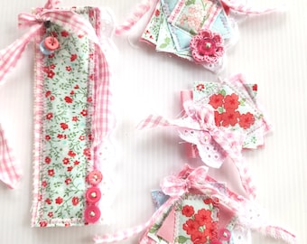 Spring/Summer Gingham Fabric Embellishment Set of 3 Clusters + Matching Bookmark