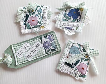 Garden Snippet Set with Embellished Tag--Fabric and Lace Journal Ephemera