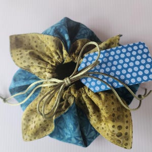 Medium-sized Blue and Green Batik Fabric Petal Pouch, Handmade Reusable Drawstring Gift Bag