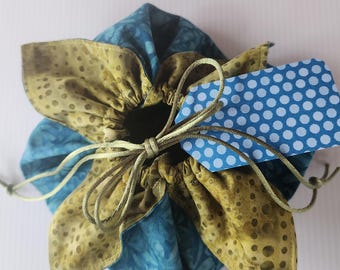 Medium-sized Blue and Green Batik Fabric Petal Pouch, Handmade Reusable Drawstring Gift Bag