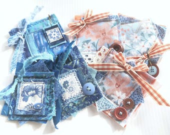 3-Piece Snippet Cluster Set, Blue or Blue & Orange Fabric Embellishments, Handmade Journal Ephemera