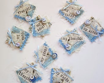 3-Piece Button Dangle Cluster Set, Light Blue Journal Textile Ephemera, Journal Word Clusters